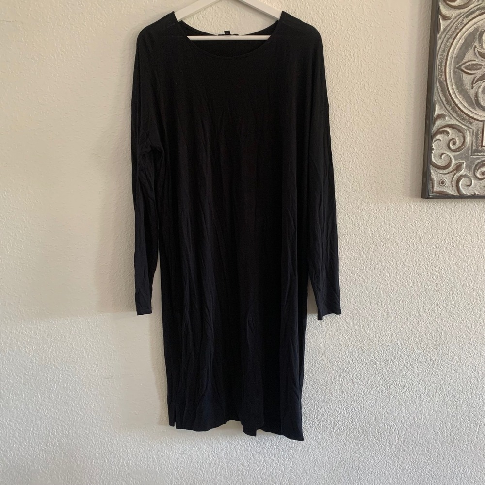 Eileen Fisher Black Viscose Spandex Long Sleeve T-Shirt Dress Size L Lagenlook